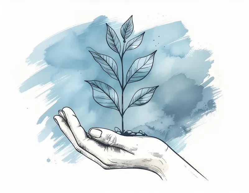 Elegante Line-Art Grafik einer Pflanze, die aus einer Hand wächst – symbolisch für ressourcenorientierte Pädagogik und leichtes Lernen.