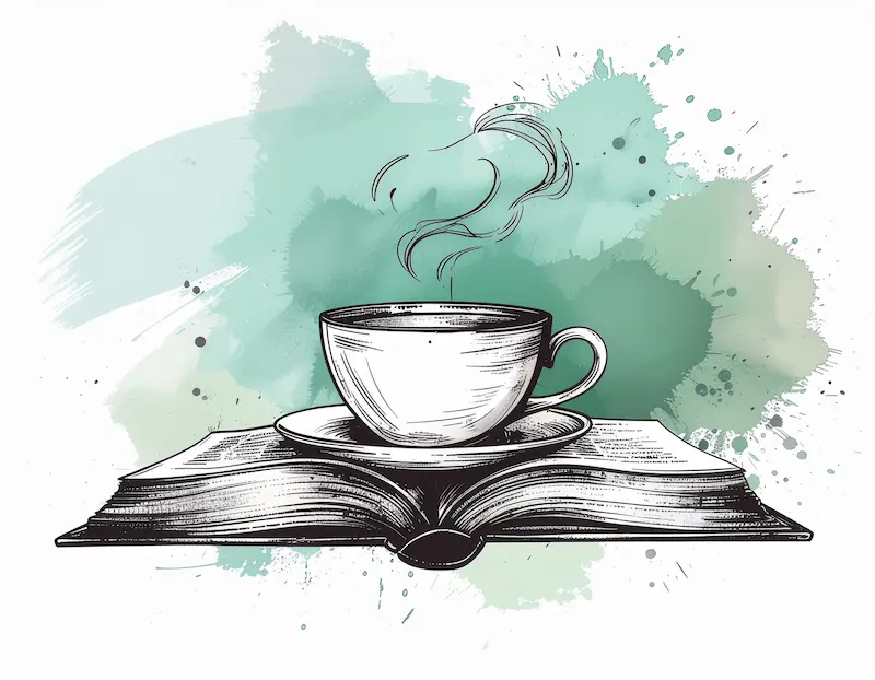 Minimalistische Zeichnung einer Kaffeetasse und eines Buchs – Sinnbild für kreative Ruheinseln, Entspannung und praktische Alltagsideen.